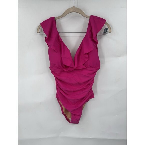 J. Crew Ruched Ruffle One Piece Swimsuit women 6 Pink Fuchsia Resortwear NEW - Picture 1 of 6